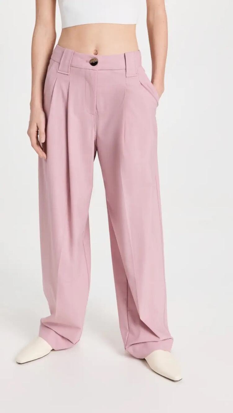 GANNI Pink Mélange Drapey Pleated Mid-Rise Loose Fit Pants EU 44 US L